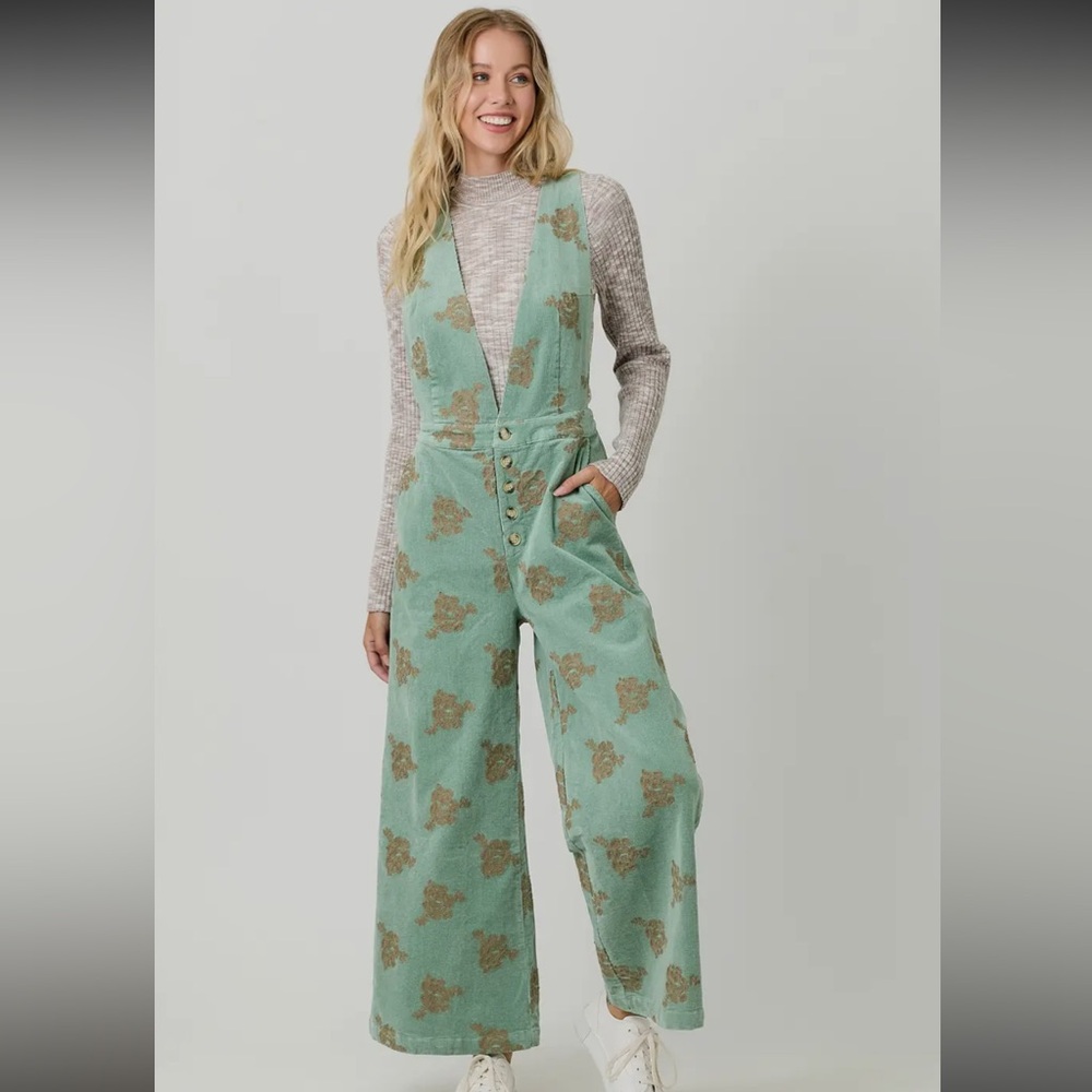 Seaforam green Christmas holiday embroidered flare wide leg jumpsuit overalls - Picture 9 of 9